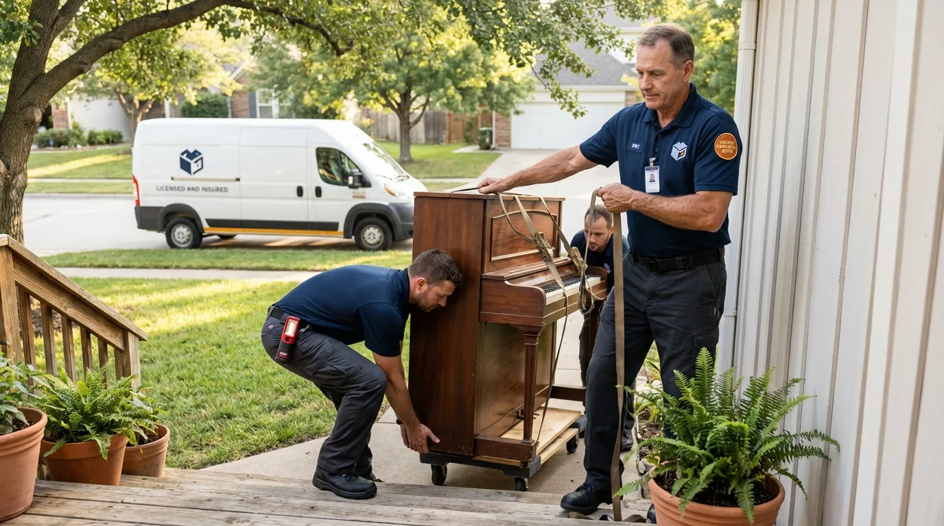 Licensed piano movers securing grand piano in Valley, NE
