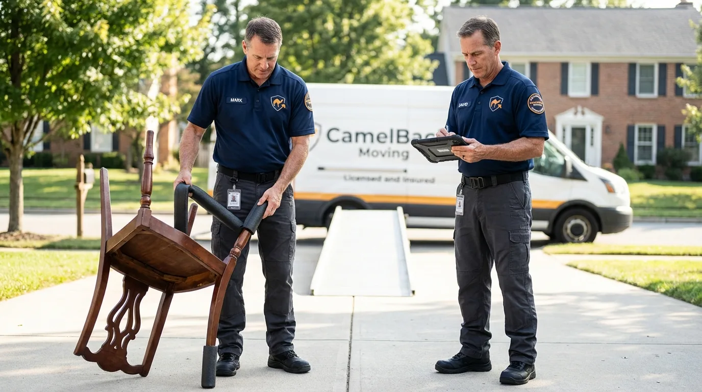 Movers inspecting furniture for damage prevention before loading in Valley, NE