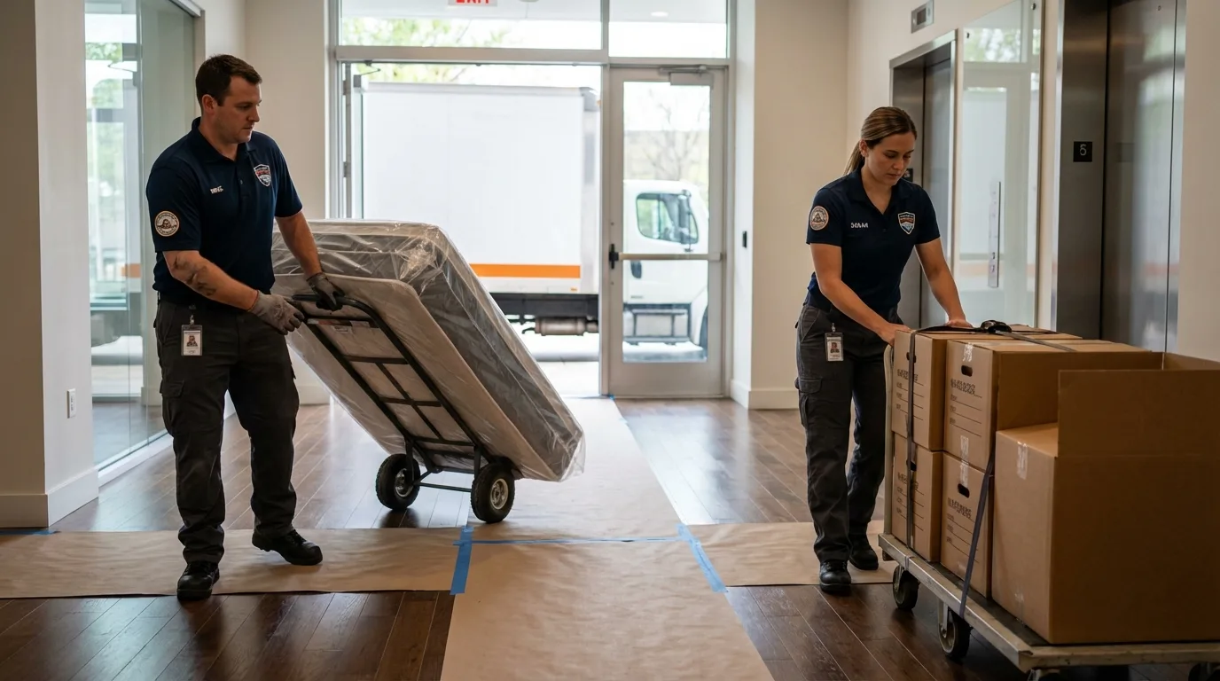 Professional apartment movers loading elevator in Valley, NE
